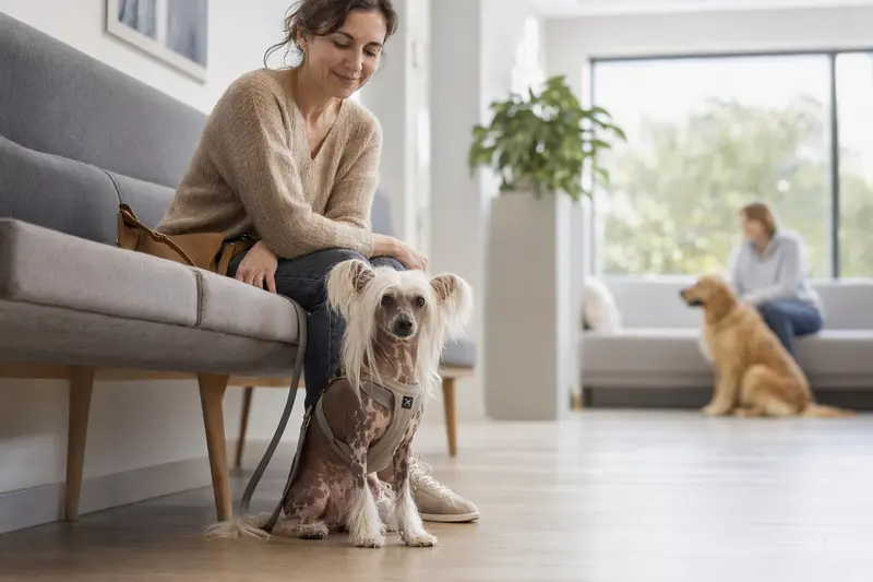 Ein Chinesischer Schopfhund sitzt ruhig neben seinem Besitzer im hellen Wartezimmer einer modernen Tierarztpraxis.